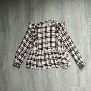 LOFT Pink Plaid Ruffle Peplum Top (Medium)